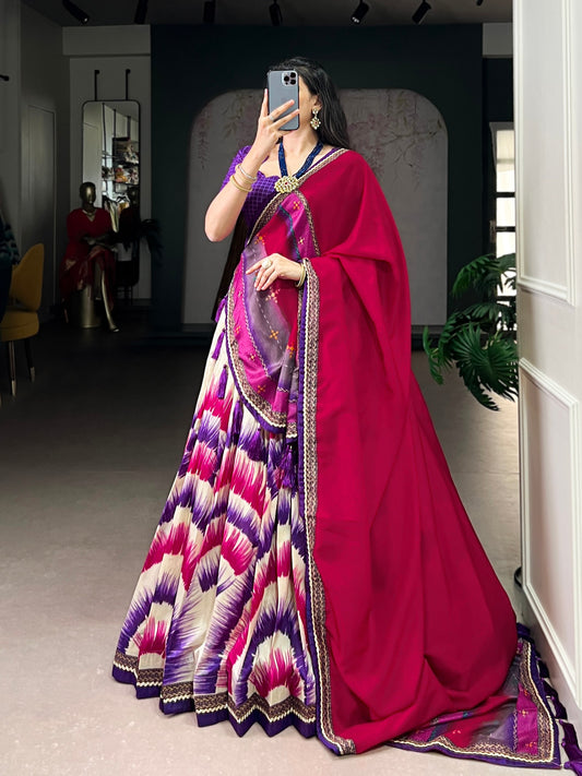 Multicolour tasar silk tie and dye print with lace lehenga, blouse and dupatta set
