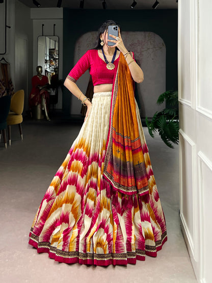 Multicolour tasar silk tie and dye print with lace lehenga, blouse and dupatta set