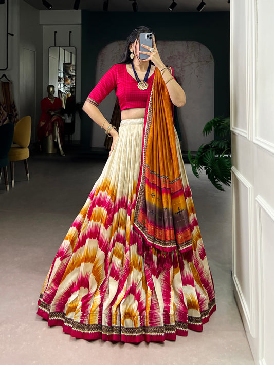 Multicolour tasar silk tie and dye print with lace lehenga, blouse and dupatta set