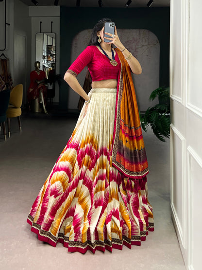 Multicolour tasar silk tie and dye print with lace lehenga, blouse and dupatta set