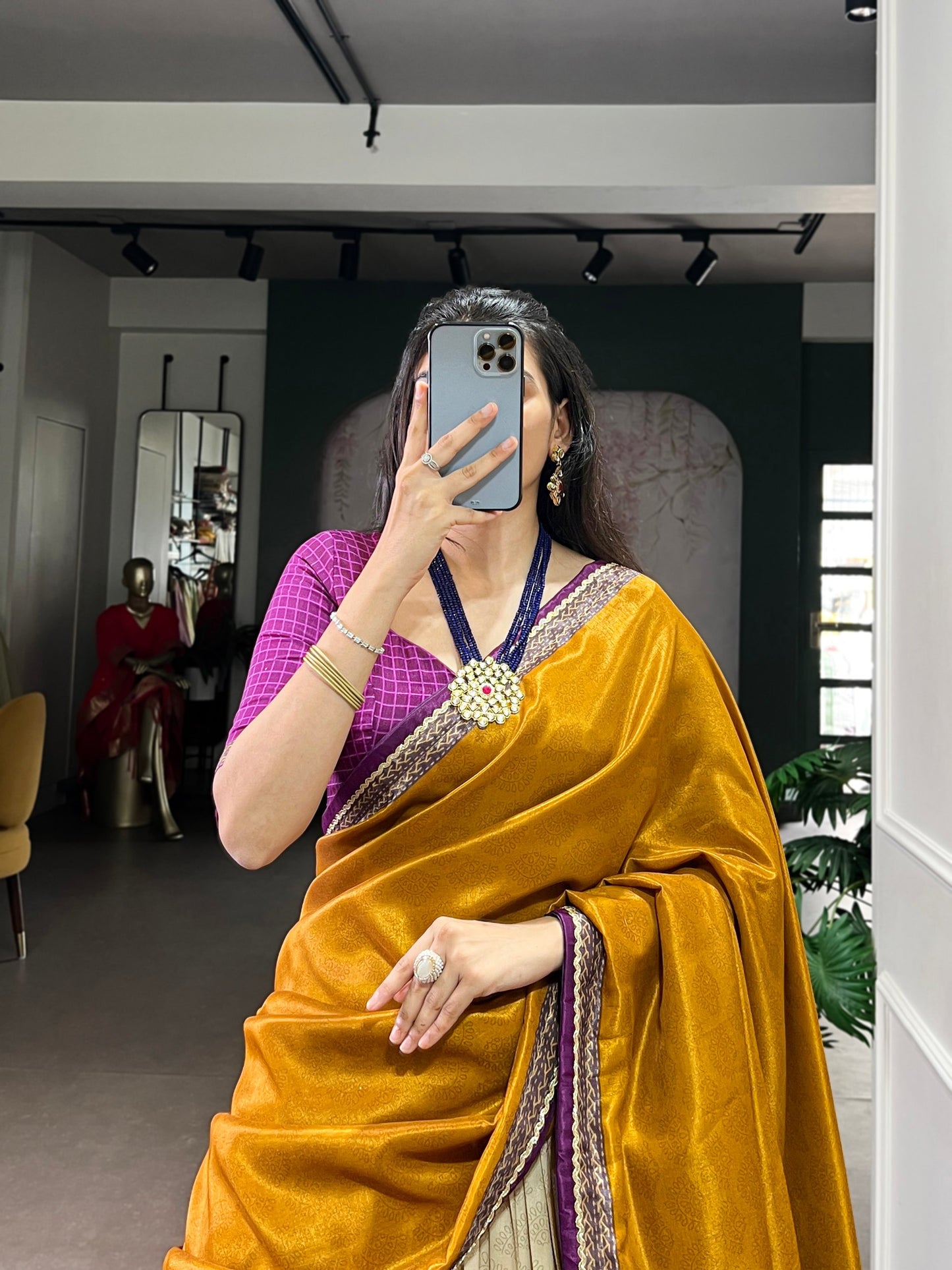Multicolour tasar silk tie and dye print with lace lehenga, blouse and dupatta set