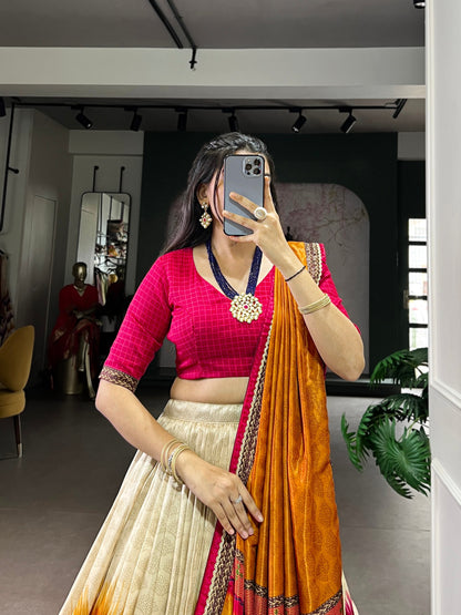 Multicolour tasar silk tie and dye print with lace lehenga, blouse and dupatta set