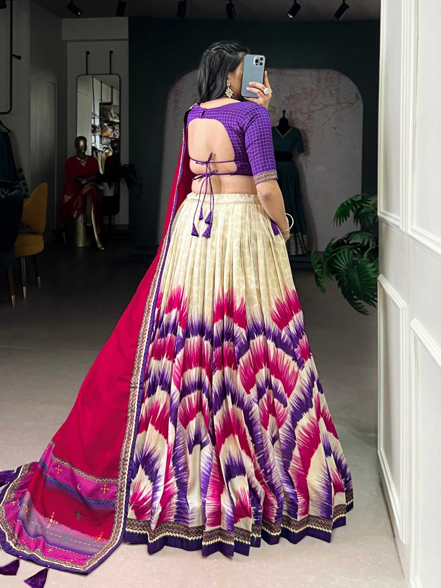 Multicolour tasar silk tie and dye print with lace lehenga, blouse and dupatta set