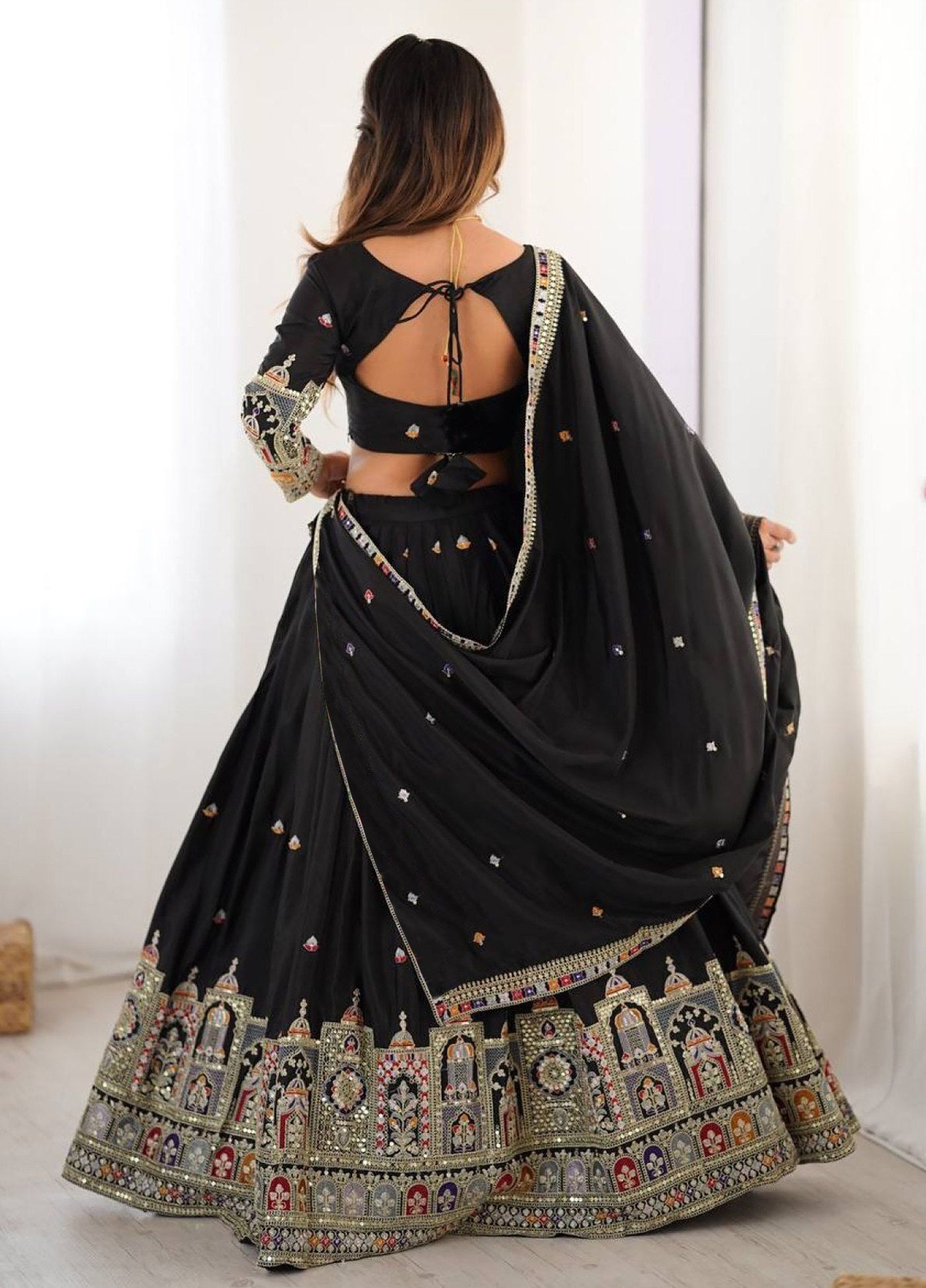 Black chinon embroidered sequins lace semi stitched lehenga choli
