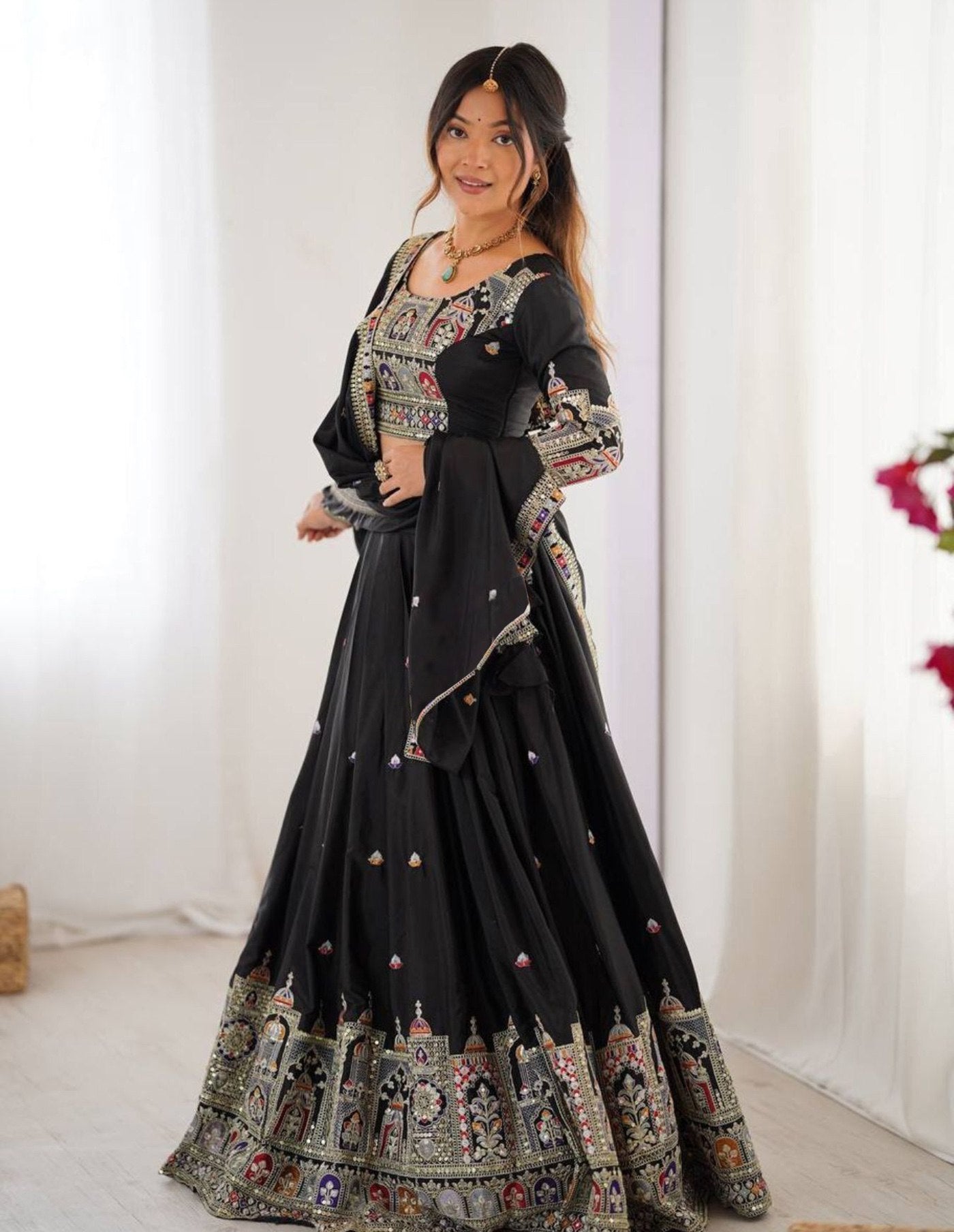 Black chinon embroidered sequins lace semi stitched lehenga choli