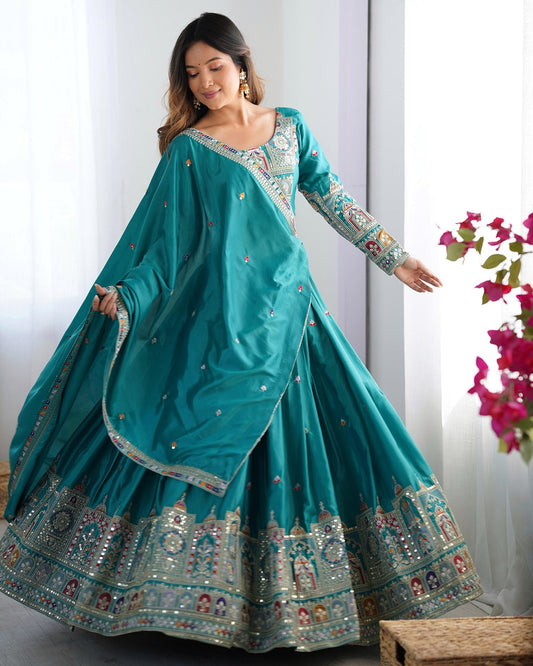 Sea green chinon embroidered sequins lace semi stitched lehenga choli