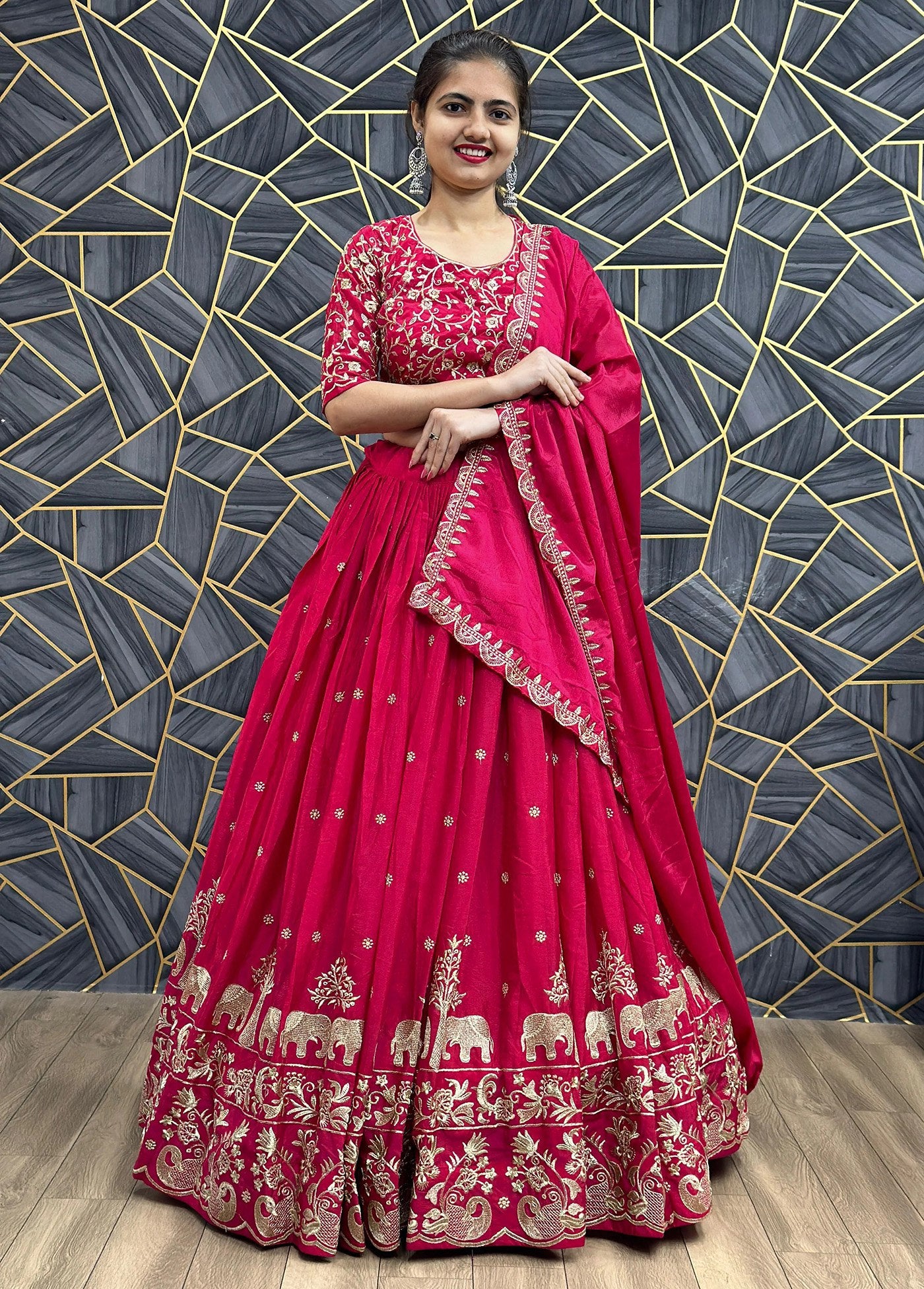 Pink chinon embellished semi stitched lehenga choli
