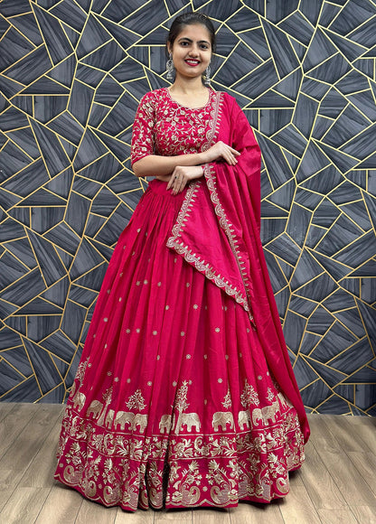 Pink chinon embellished semi stitched lehenga choli