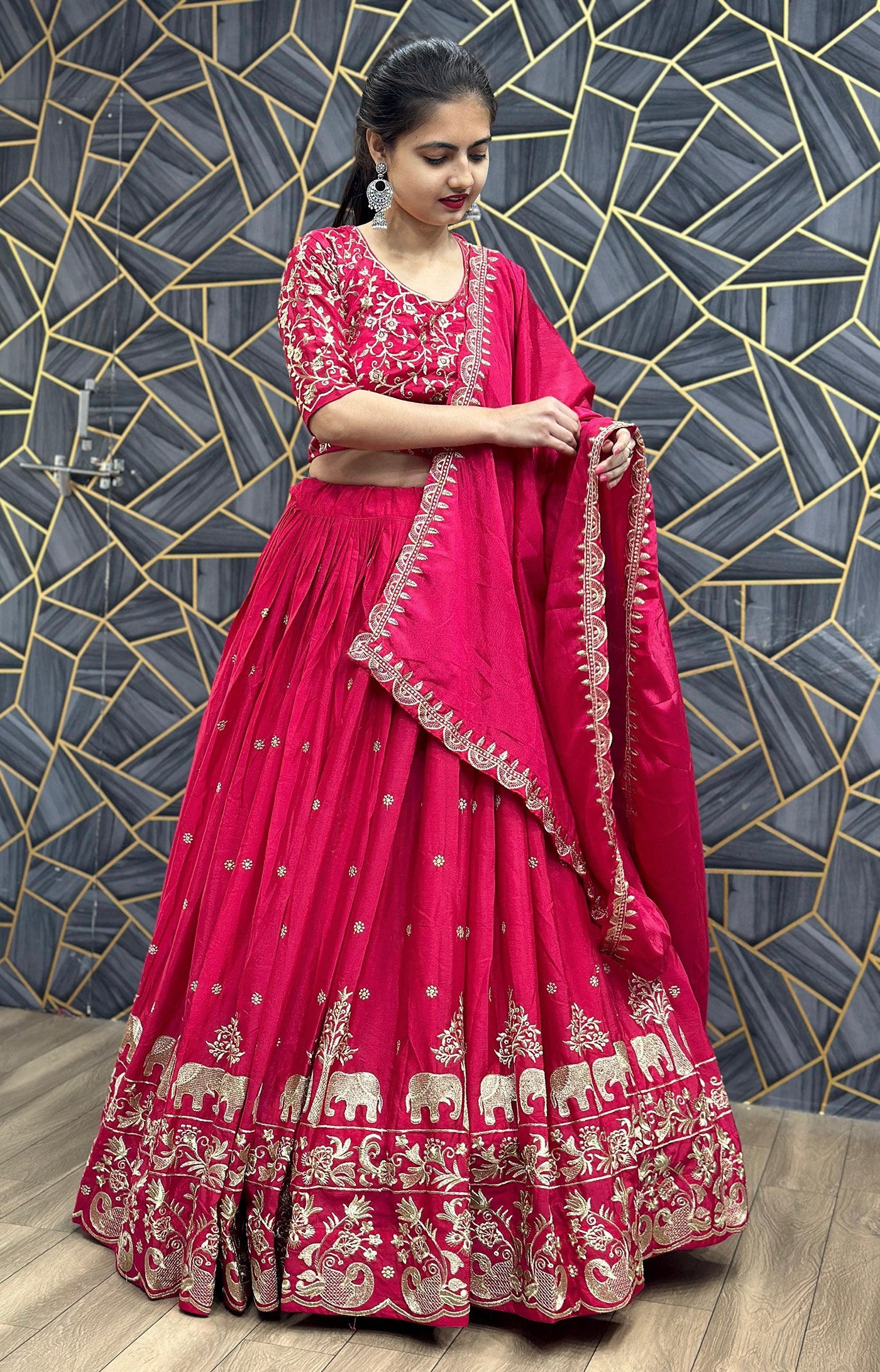 Pink chinon embellished semi stitched lehenga choli