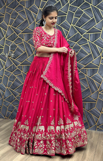 Pink chinon embellished semi stitched lehenga choli