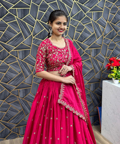 Pink chinon embellished semi stitched lehenga choli