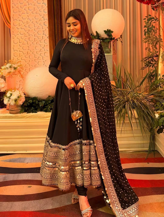 Black anarkali roman silk fully stitched ready to wear collection