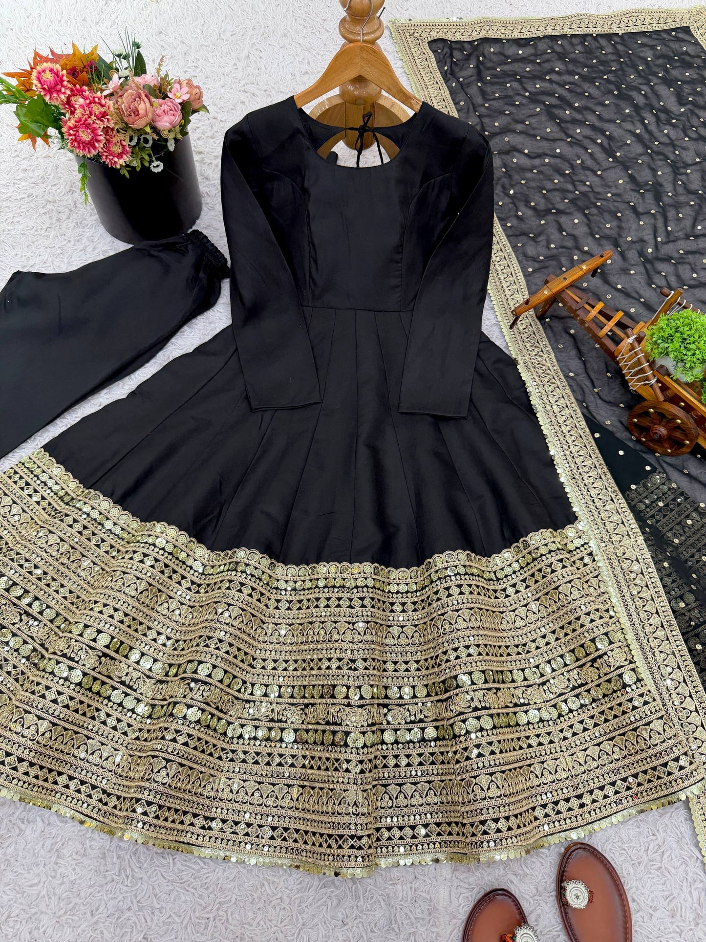 Black anarkali roman silk fully stitched ready to wear collection