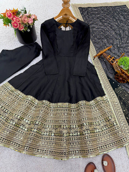 Black anarkali roman silk fully stitched ready to wear collection