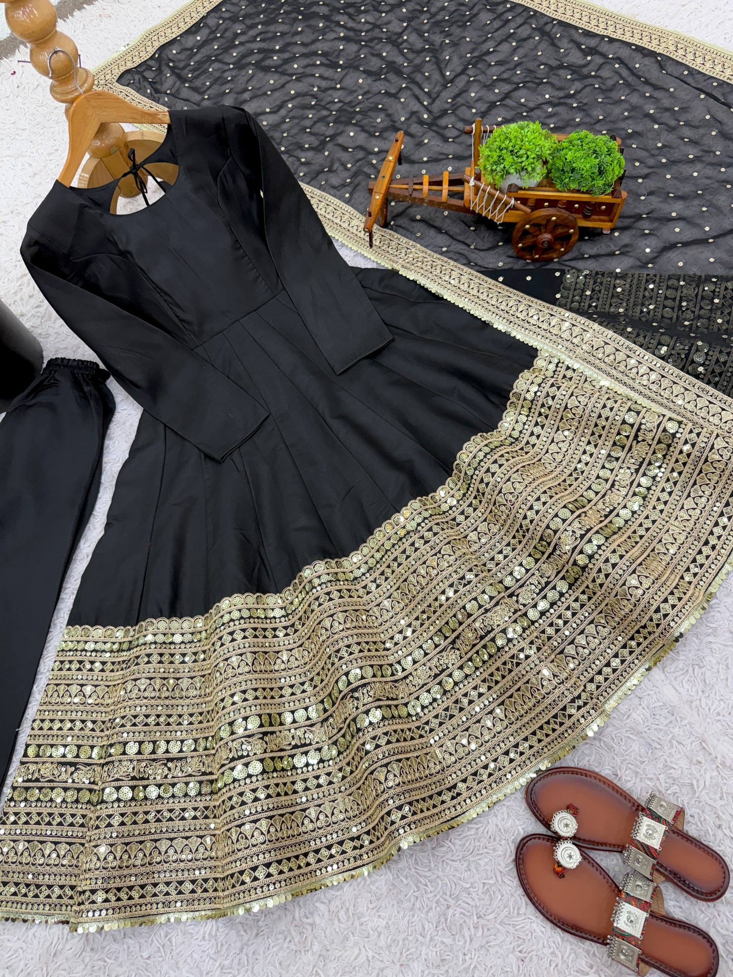 Black anarkali roman silk fully stitched ready to wear collection
