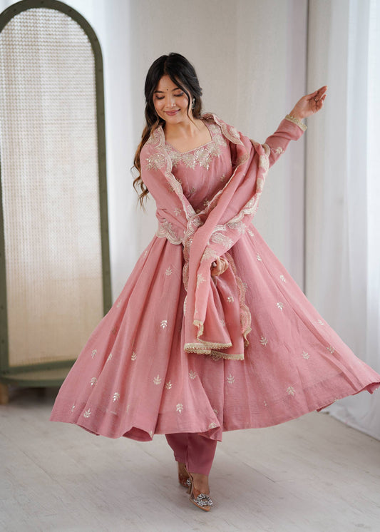Peach crunchy silk elegant embroidered sequence designer anarkali three piece set