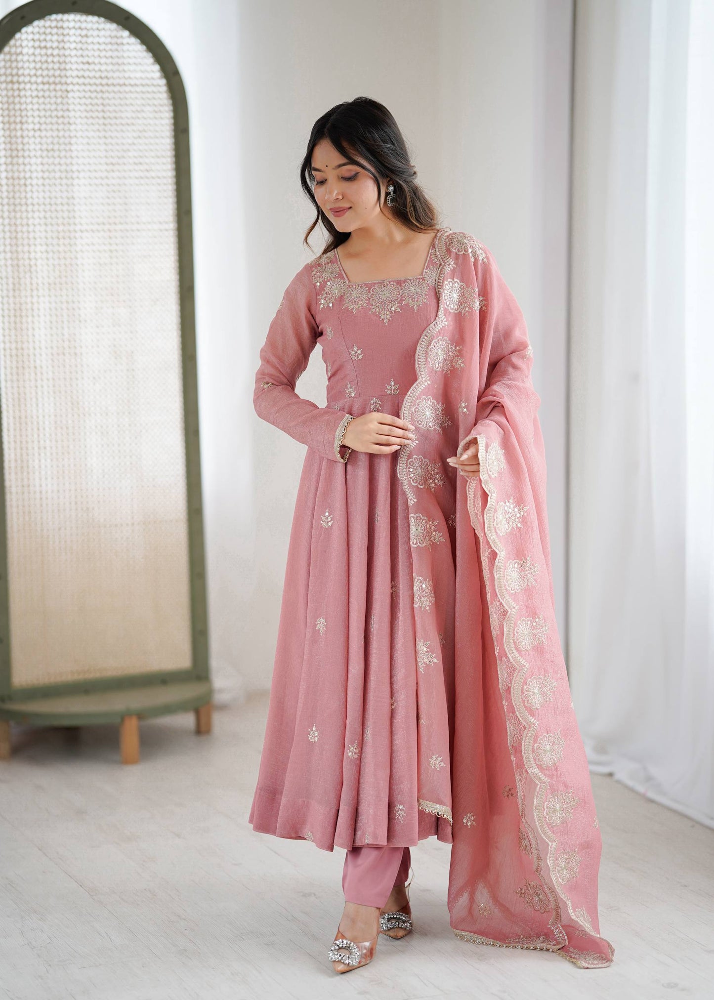 Peach crunchy silk elegant embroidered sequence designer anarkali three piece set
