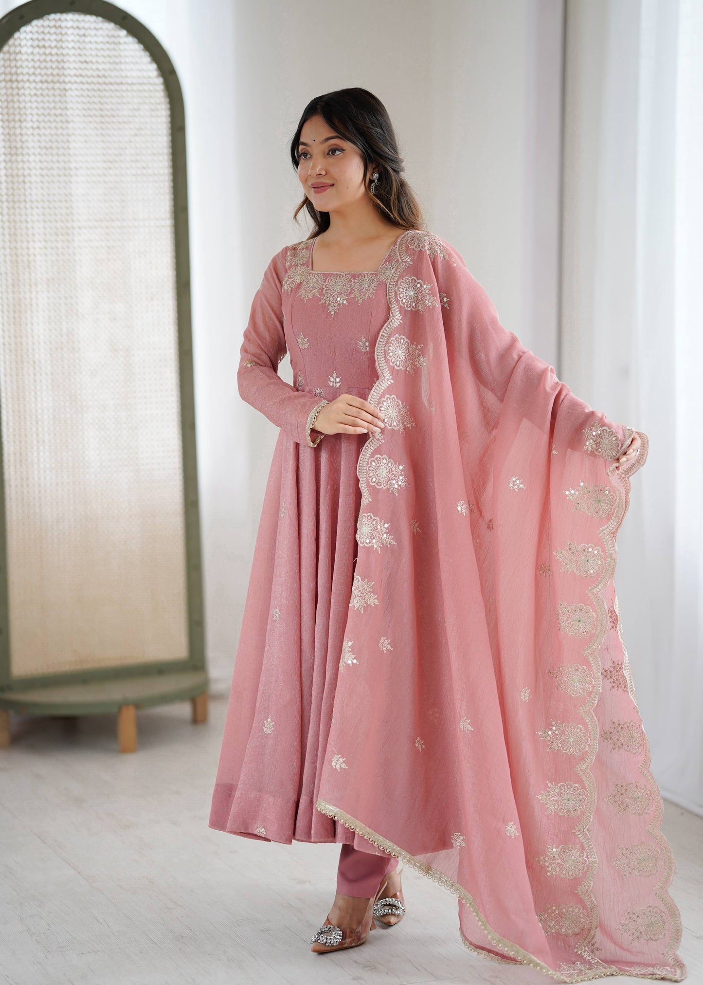 Peach crunchy silk elegant embroidered sequence designer anarkali three piece set