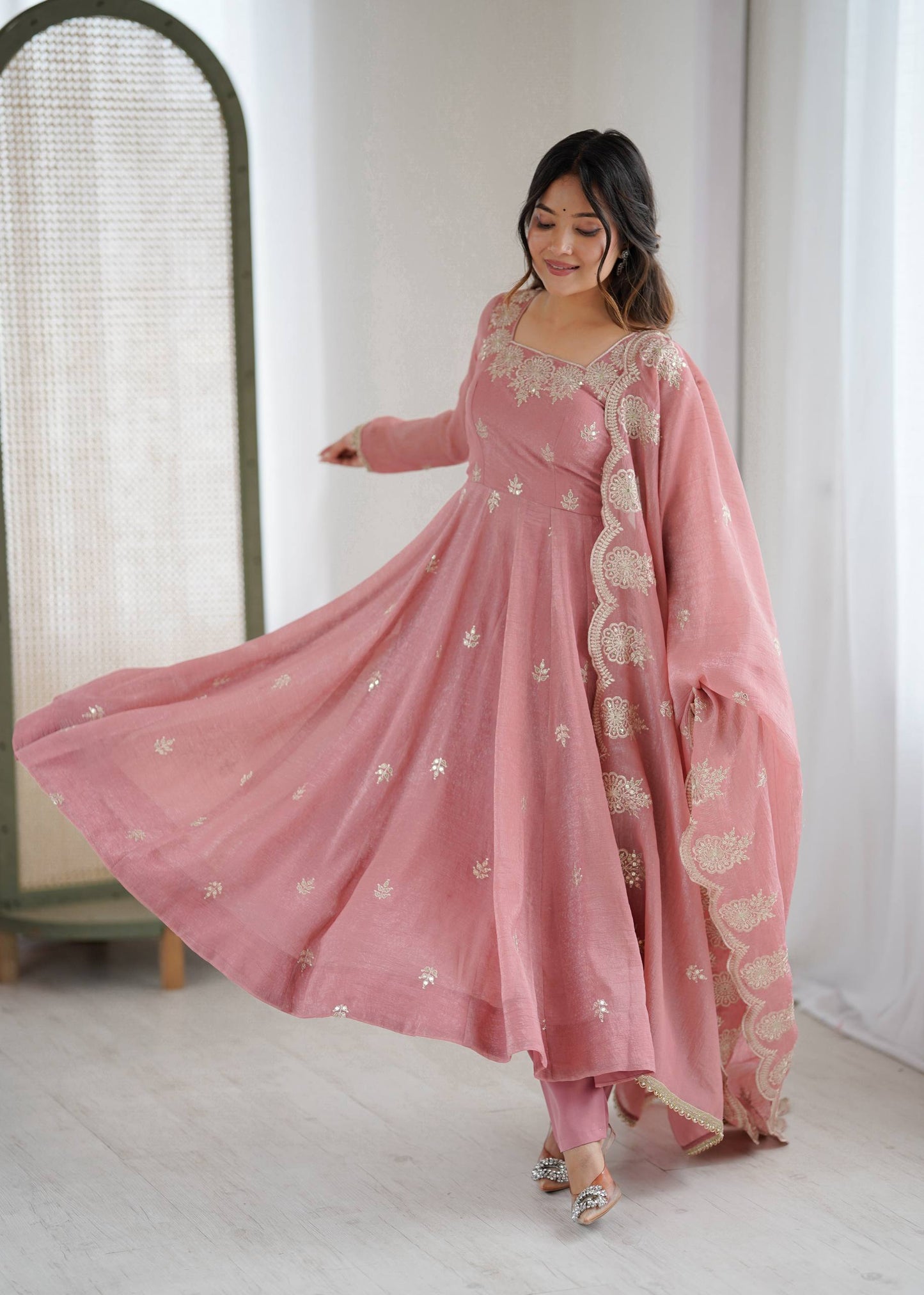 Peach crunchy silk elegant embroidered sequence designer anarkali three piece set