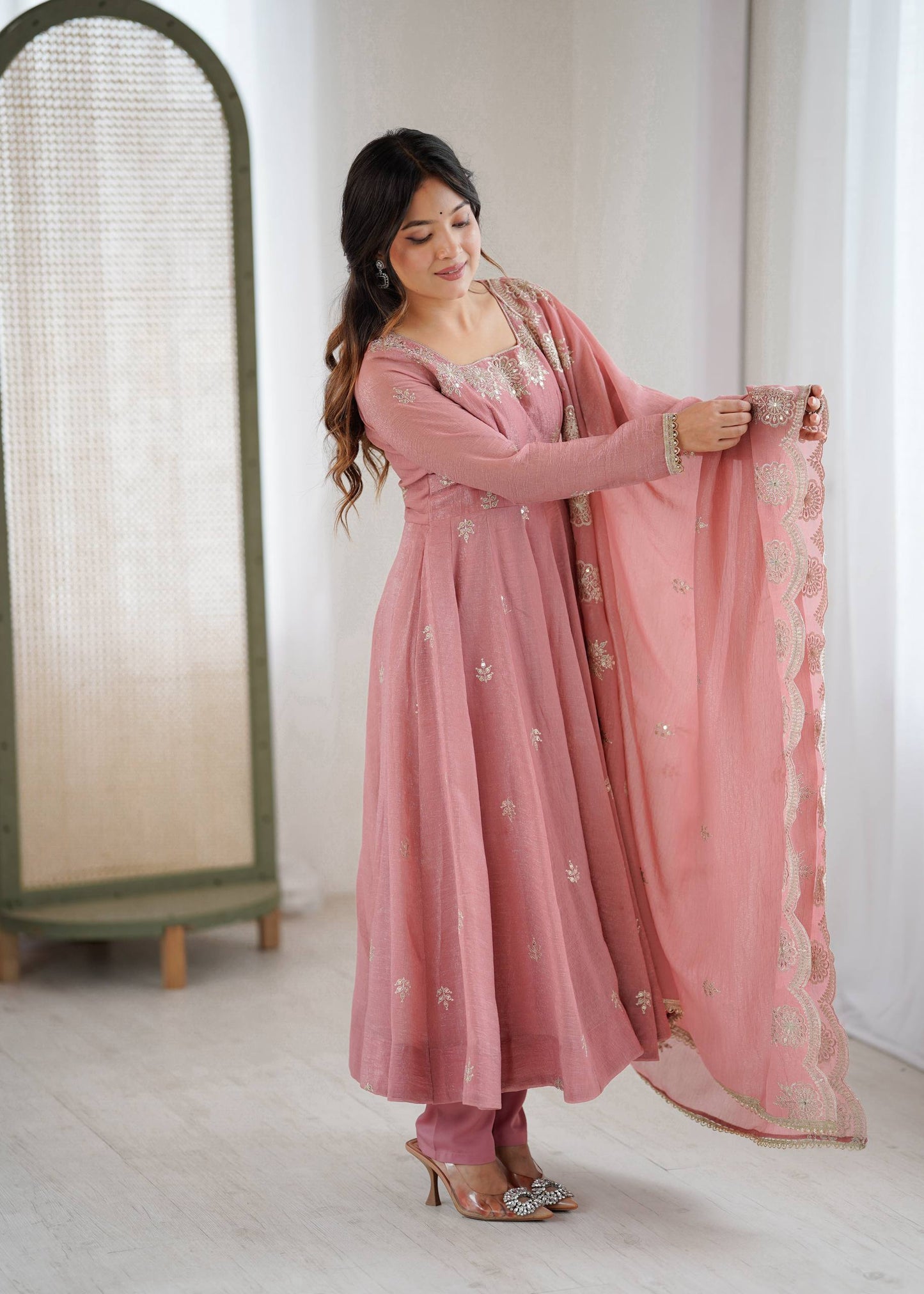 Peach crunchy silk elegant embroidered sequence designer anarkali three piece set