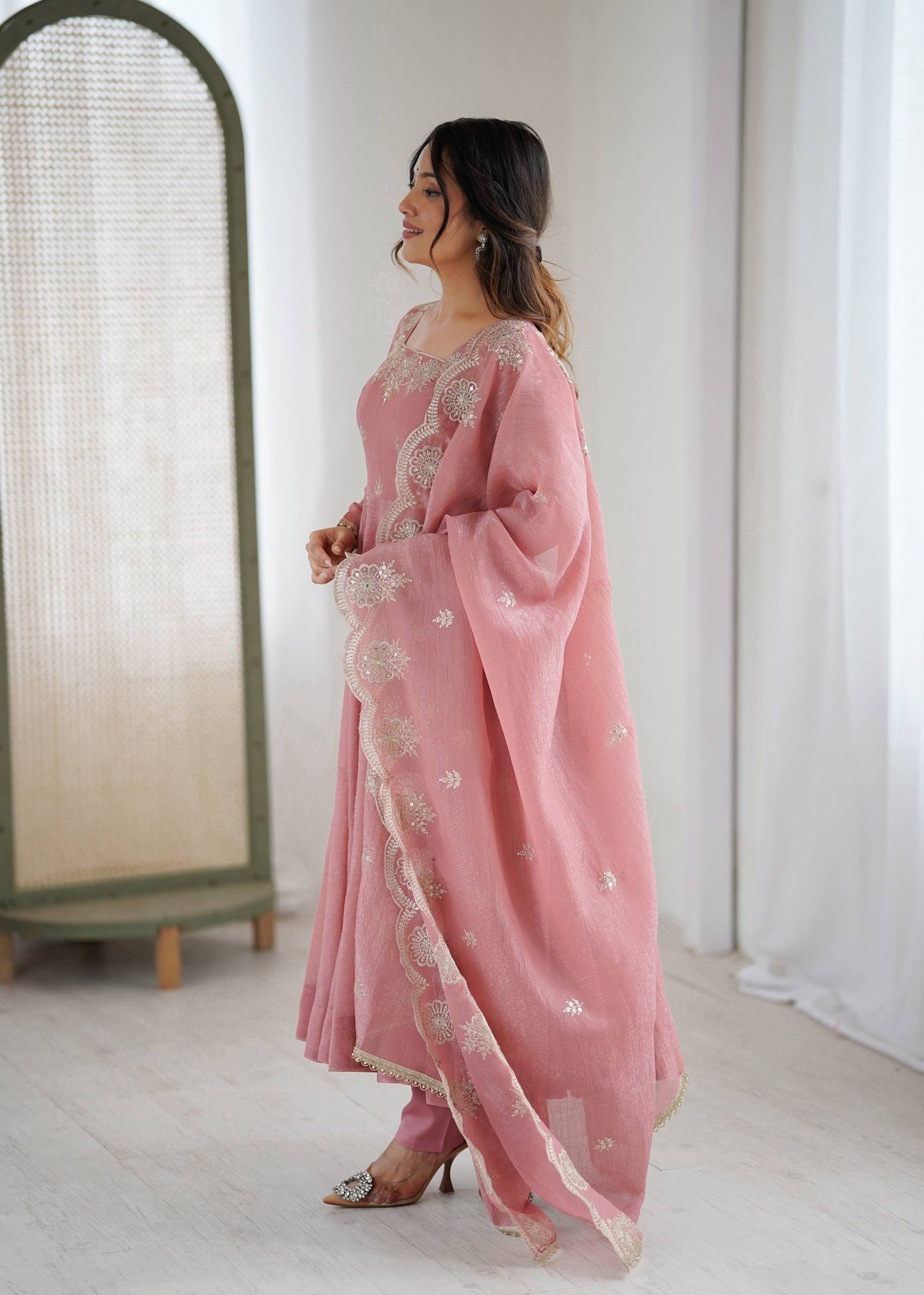 Peach crunchy silk elegant embroidered sequence designer anarkali three piece set