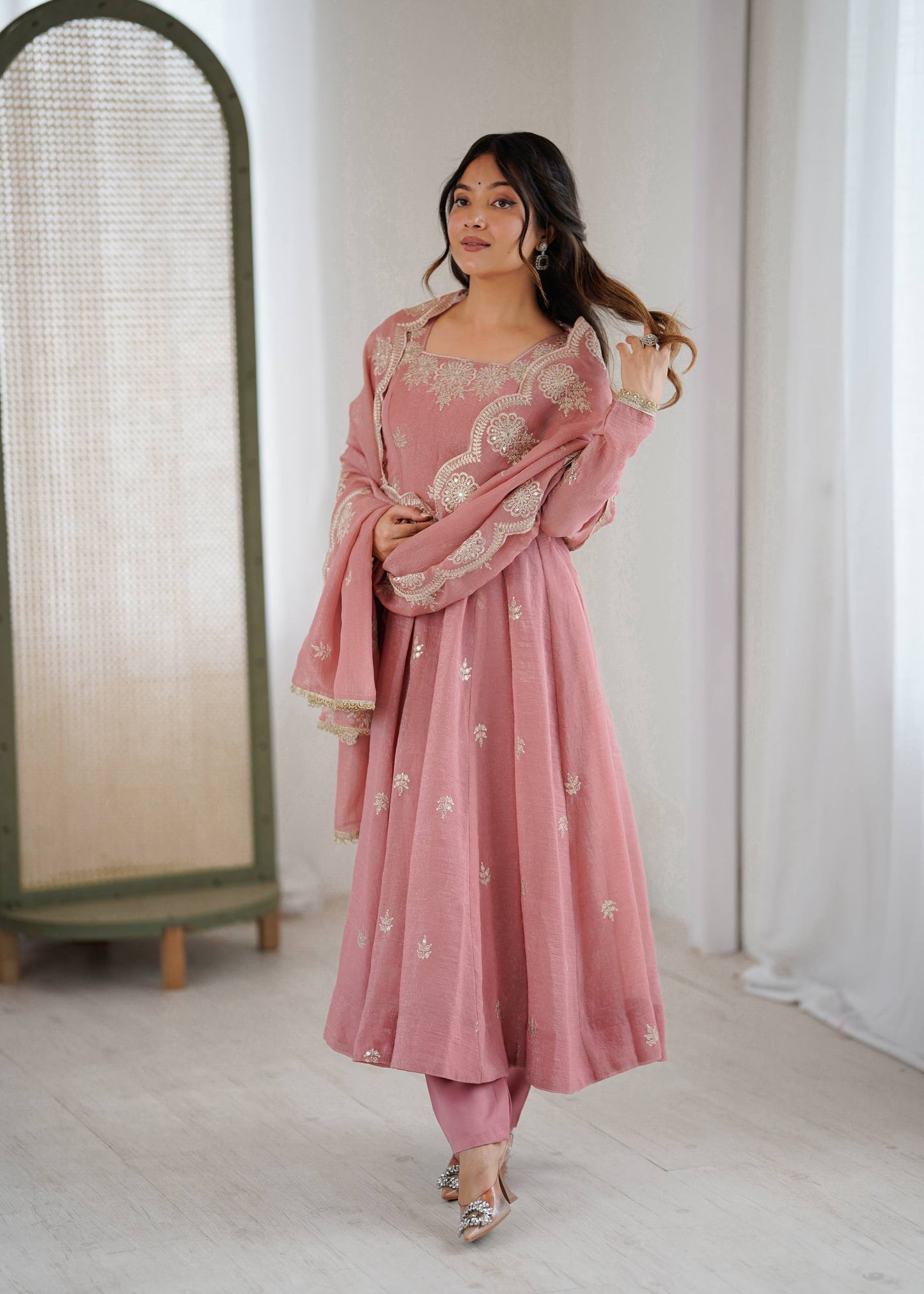 Peach crunchy silk elegant embroidered sequence designer anarkali three piece set