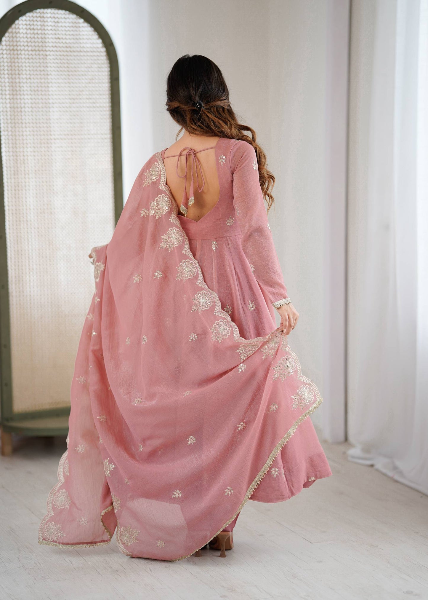 Peach crunchy silk elegant embroidered sequence designer anarkali three piece set