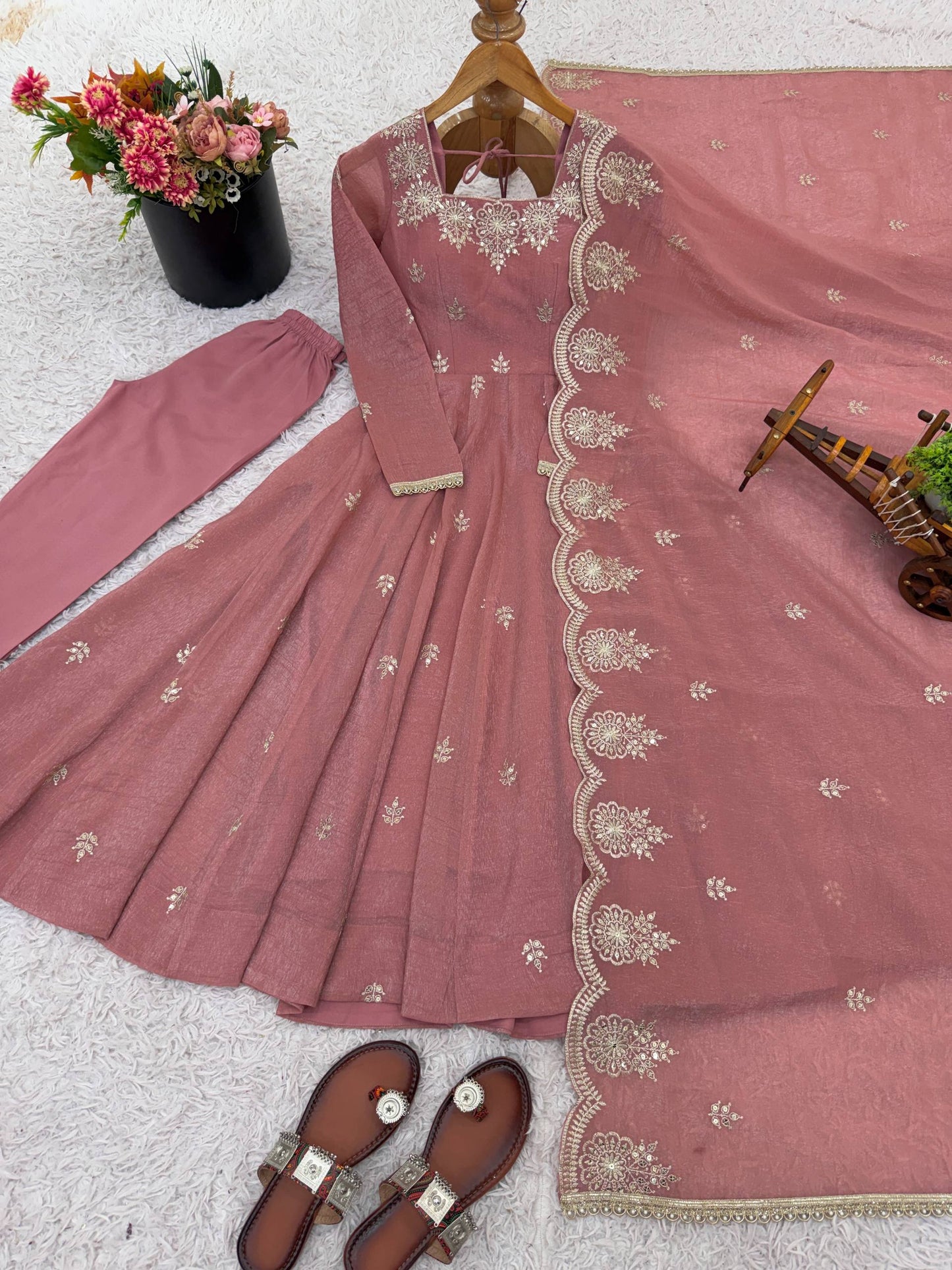 Peach crunchy silk elegant embroidered sequence designer anarkali three piece set