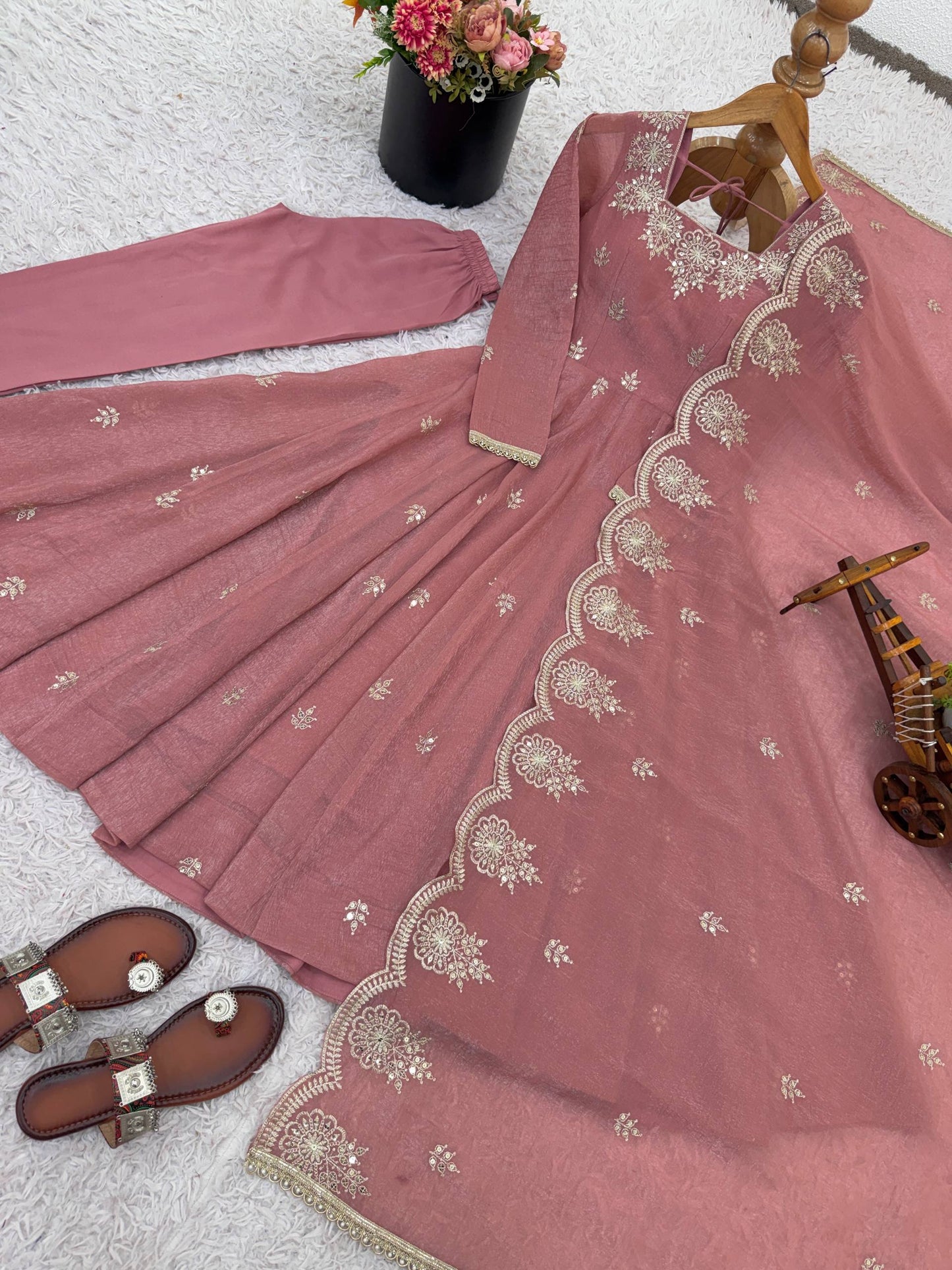 Peach crunchy silk elegant embroidered sequence designer anarkali three piece set