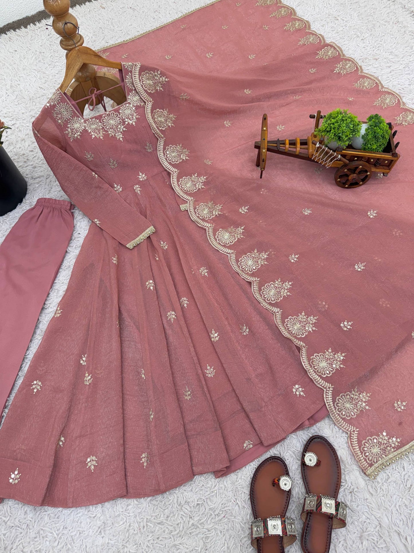 Peach crunchy silk elegant embroidered sequence designer anarkali three piece set