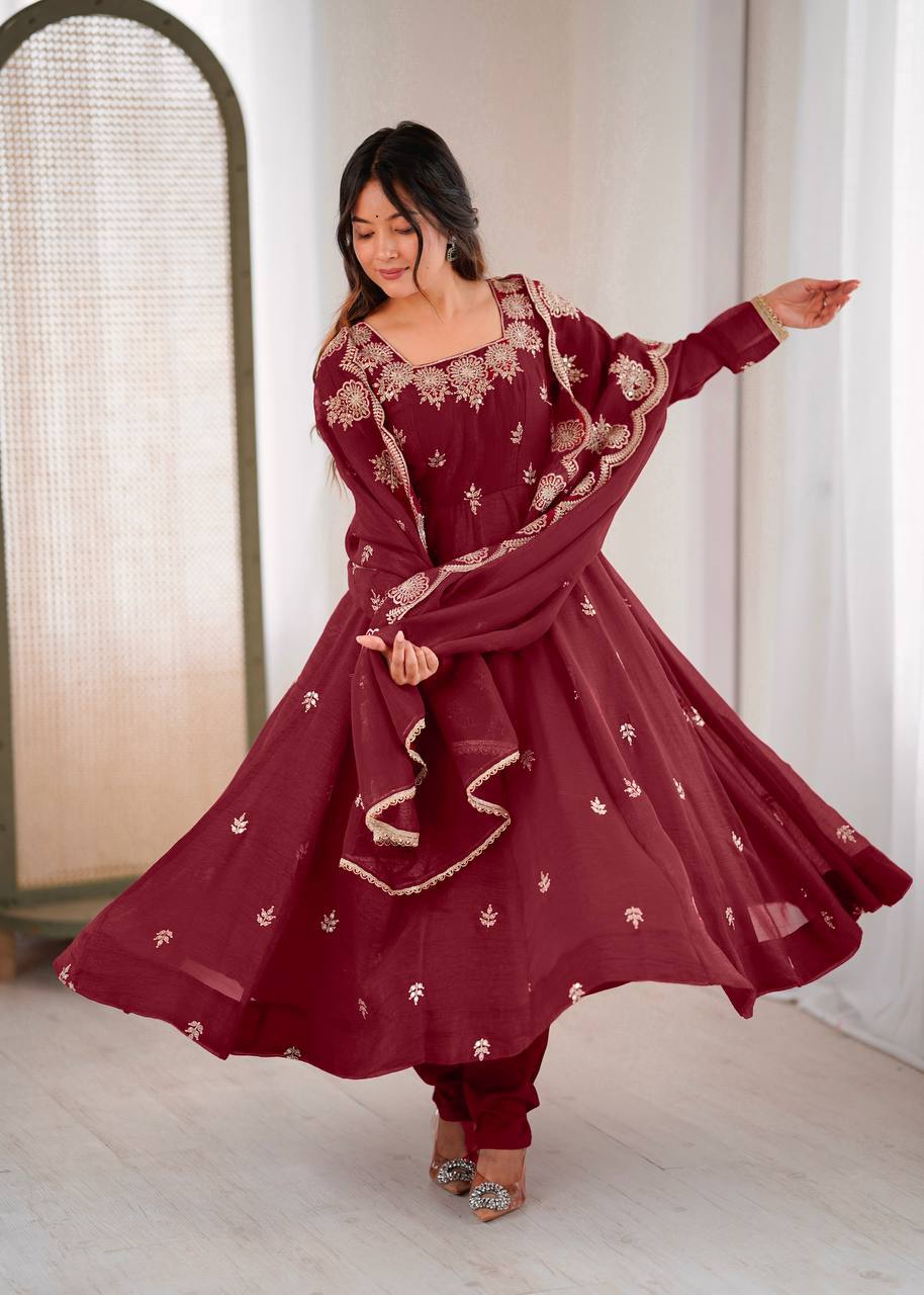 Maroon crunchy silk elegant embroidered sequence designer anarkali three piece set