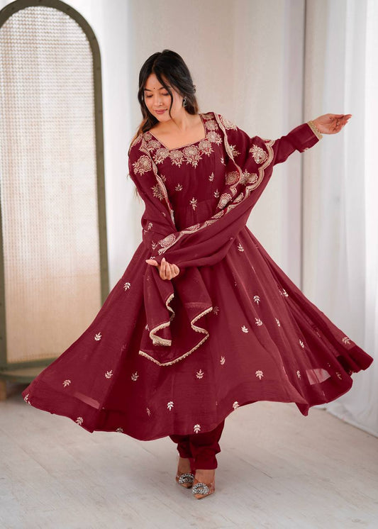 Maroon crunchy silk elegant embroidered sequence designer anarkali three piece set