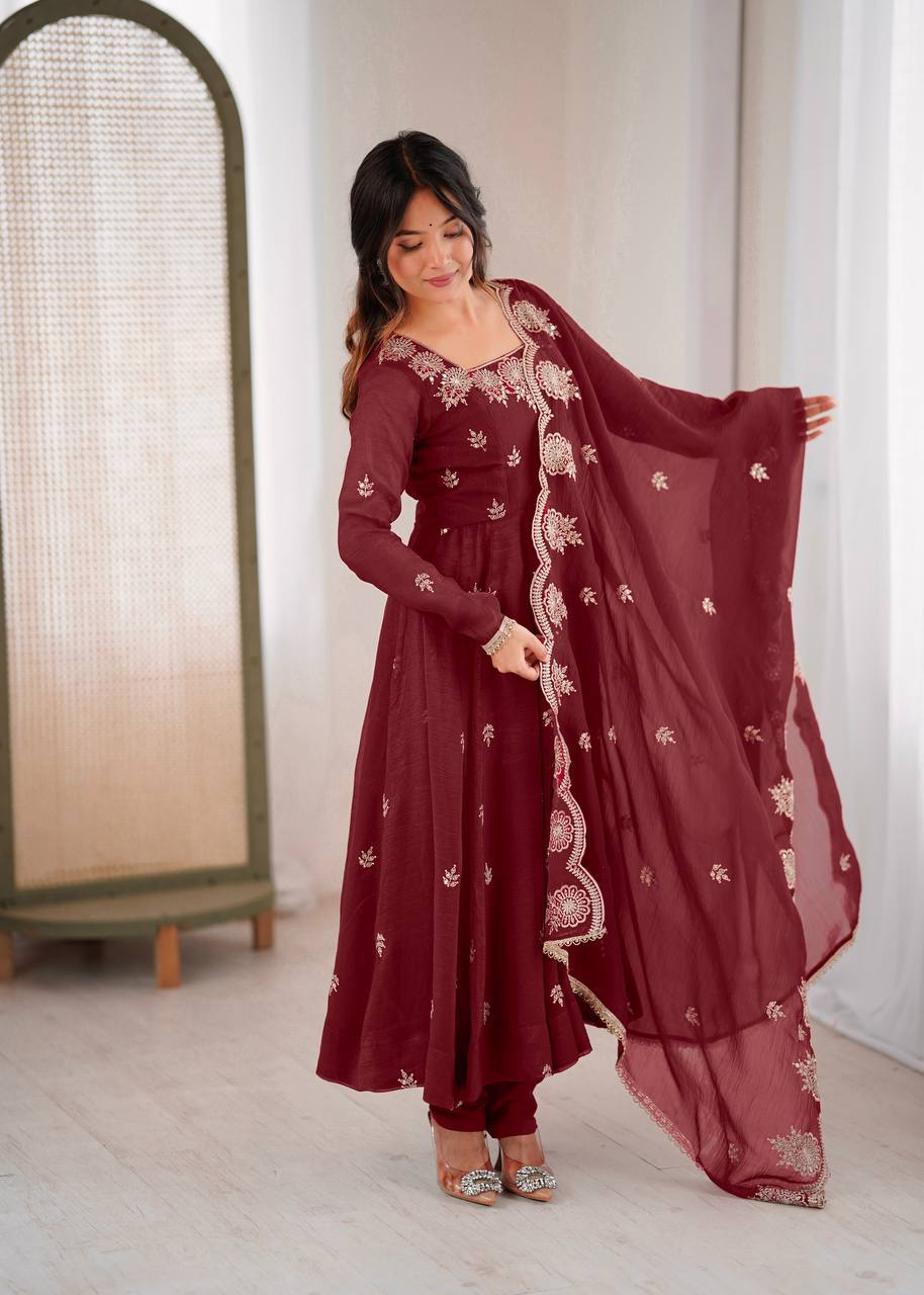 Maroon crunchy silk elegant embroidered sequence designer anarkali three piece set