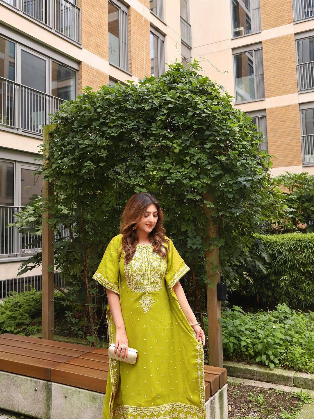 Lemon yellow faux georgette zari embroidery work kaftan and pant