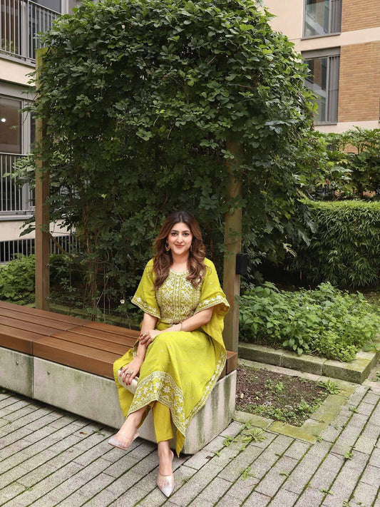 Lemon yellow faux georgette zari embroidery work kaftan and pant