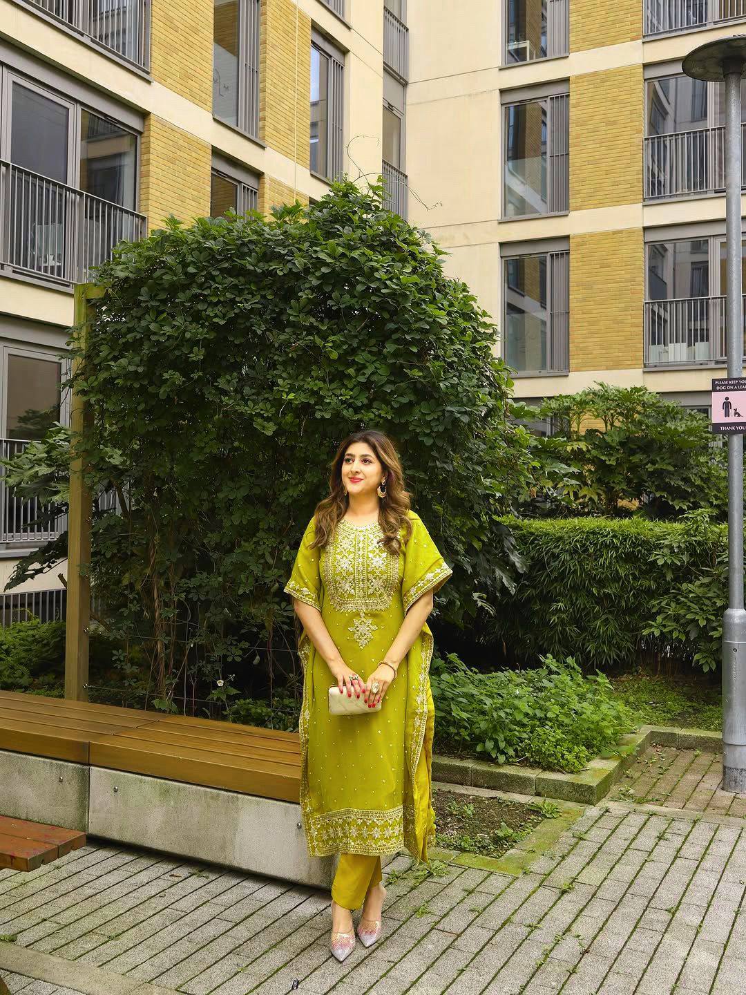 Lemon yellow faux georgette zari embroidery work kaftan and pant