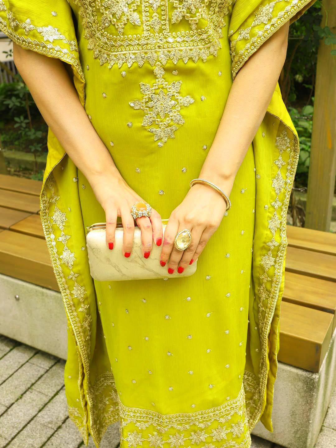 Lemon yellow faux georgette zari embroidery work kaftan and pant