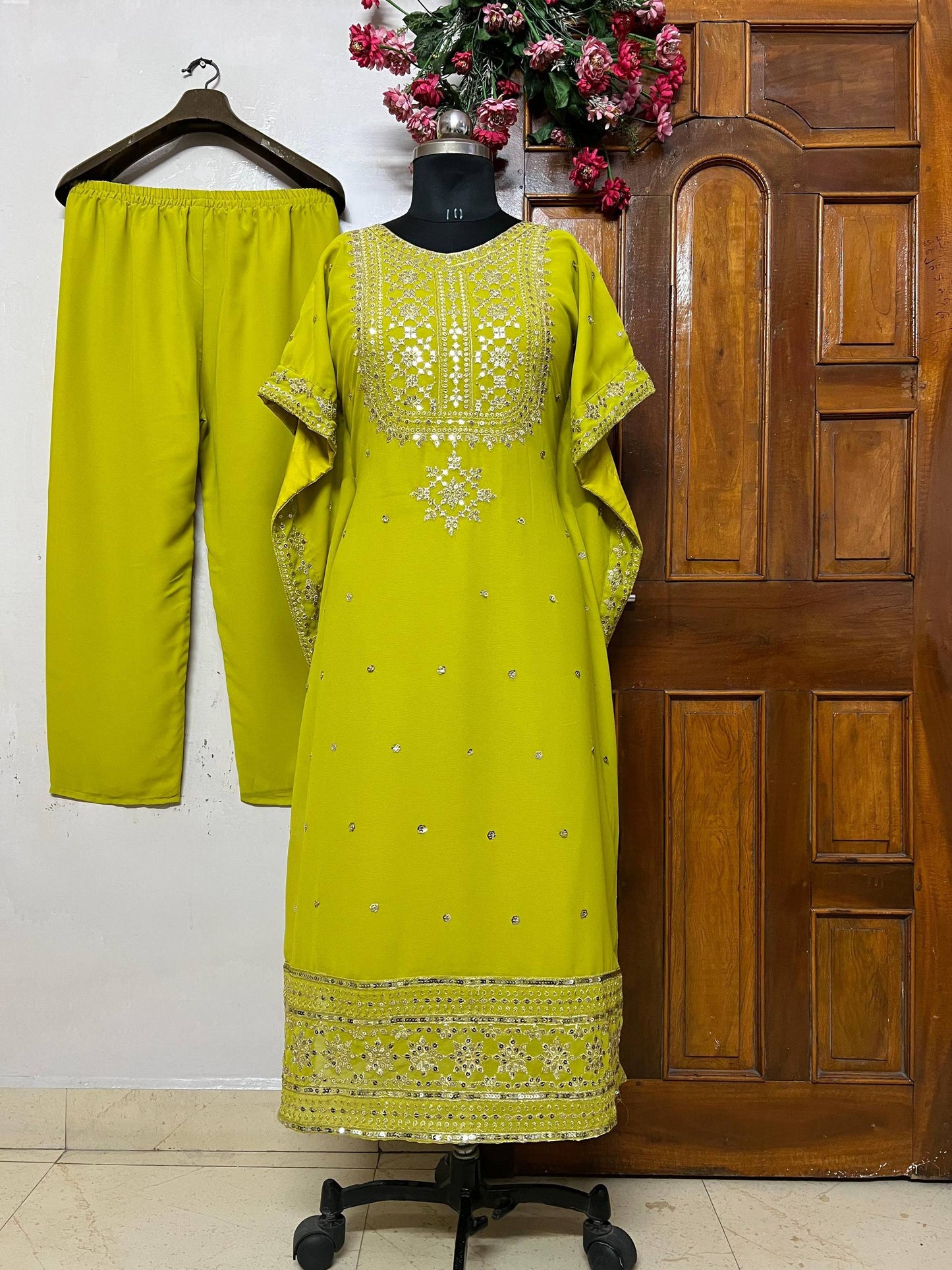 Lemon yellow faux georgette zari embroidery work kaftan and pant