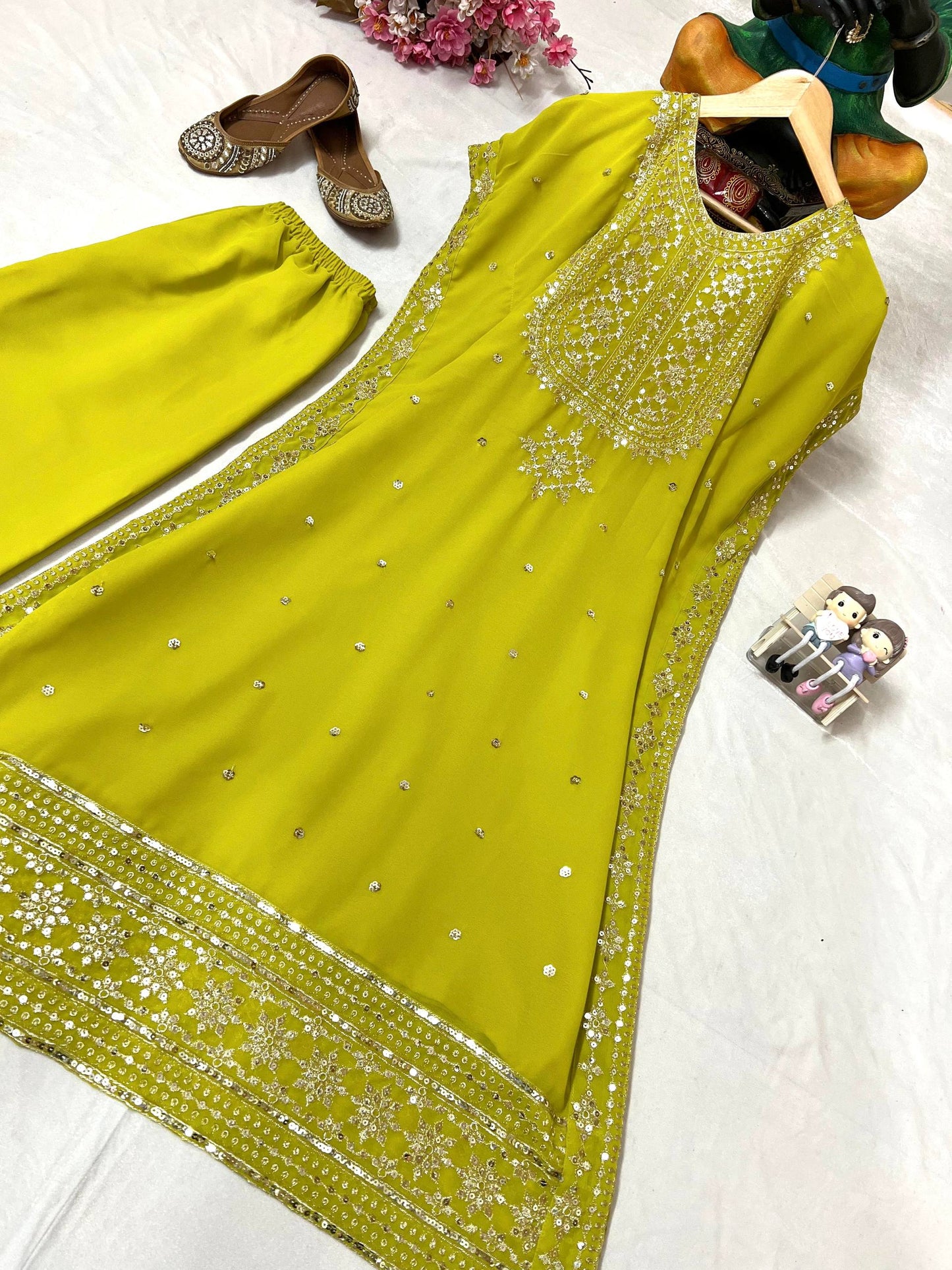 Lemon yellow faux georgette zari embroidery work kaftan and pant