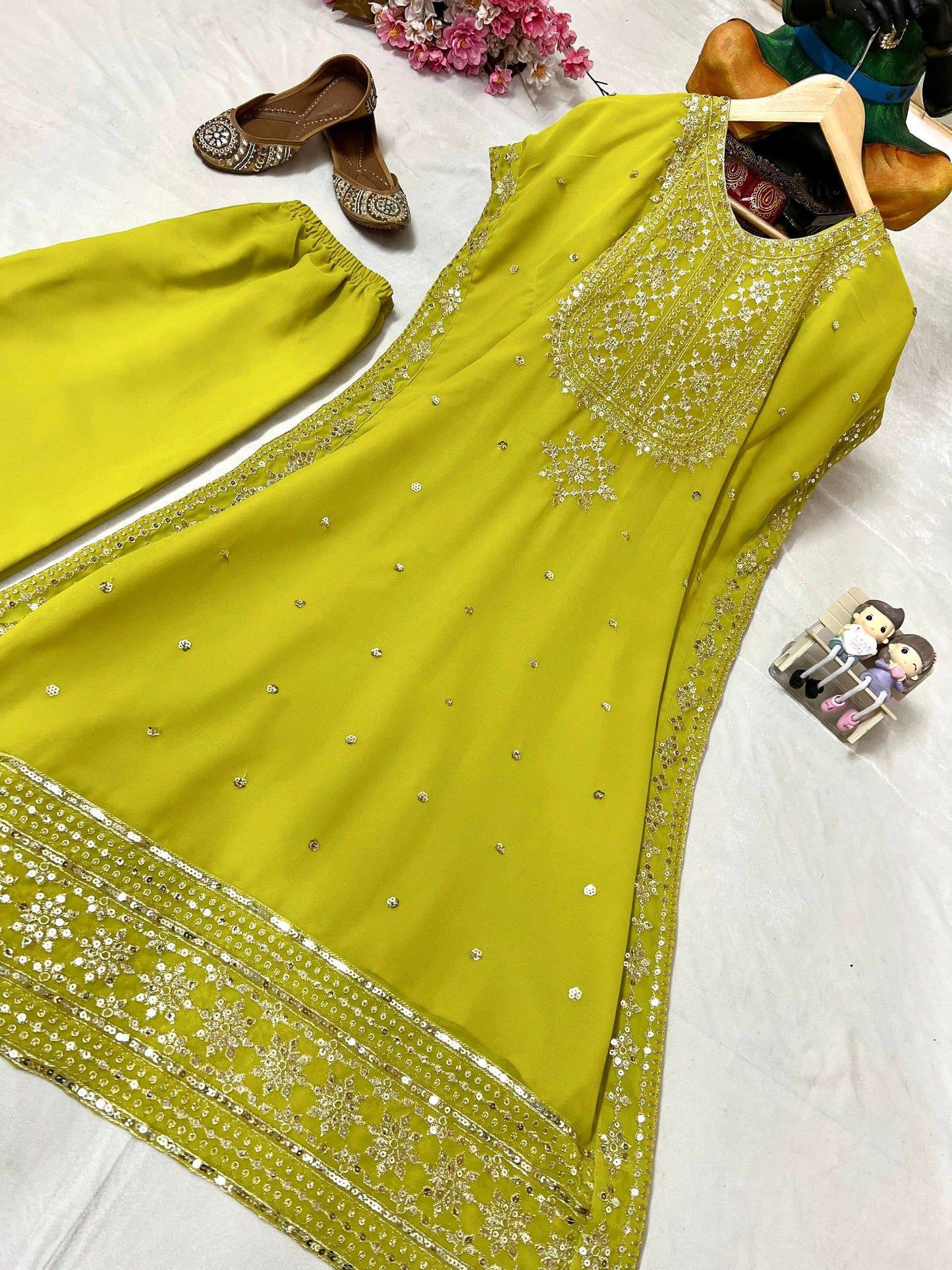 Lemon yellow faux georgette zari embroidery work kaftan and pant
