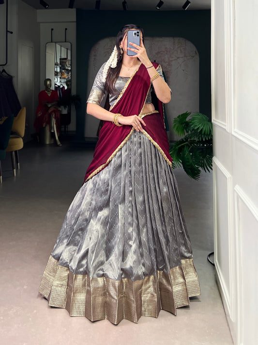 Grey dupion silk zari weaving work lehenga, blouse and dupatta, drawstring with zip