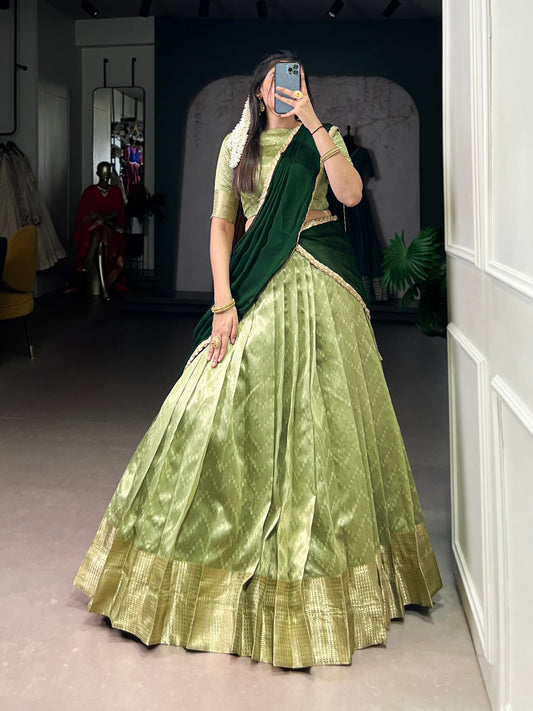 Green dupion silk zari weaving work lehenga, blouse and dupatta, drawstring with zip