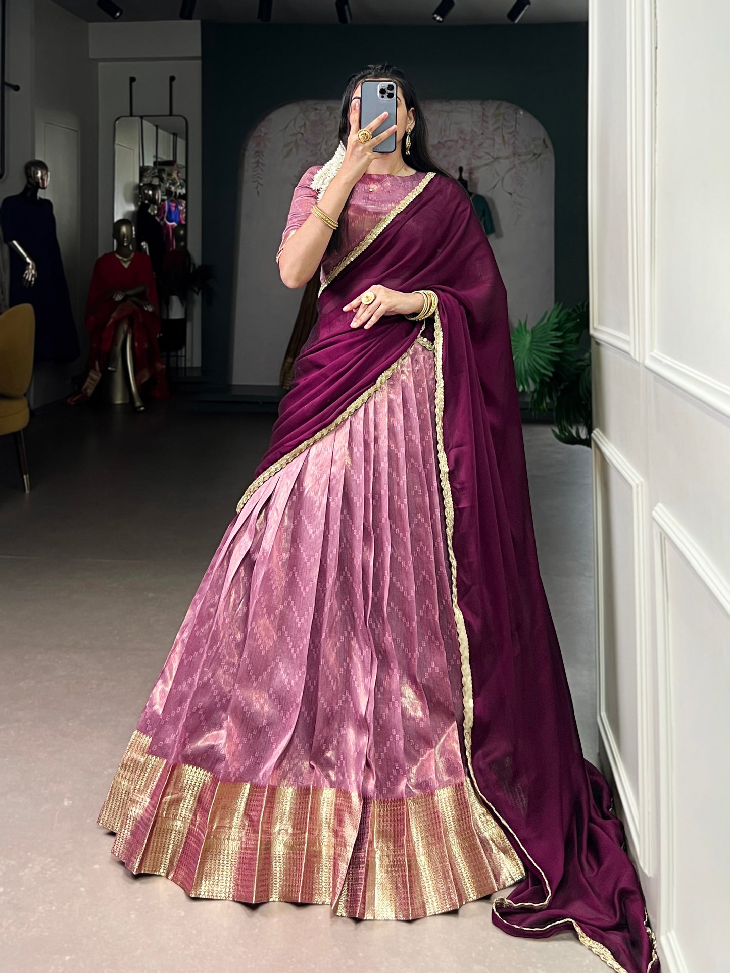 Pink dupion silk zari weaving work lehenga, blouse and dupatta, drawstring with zip
