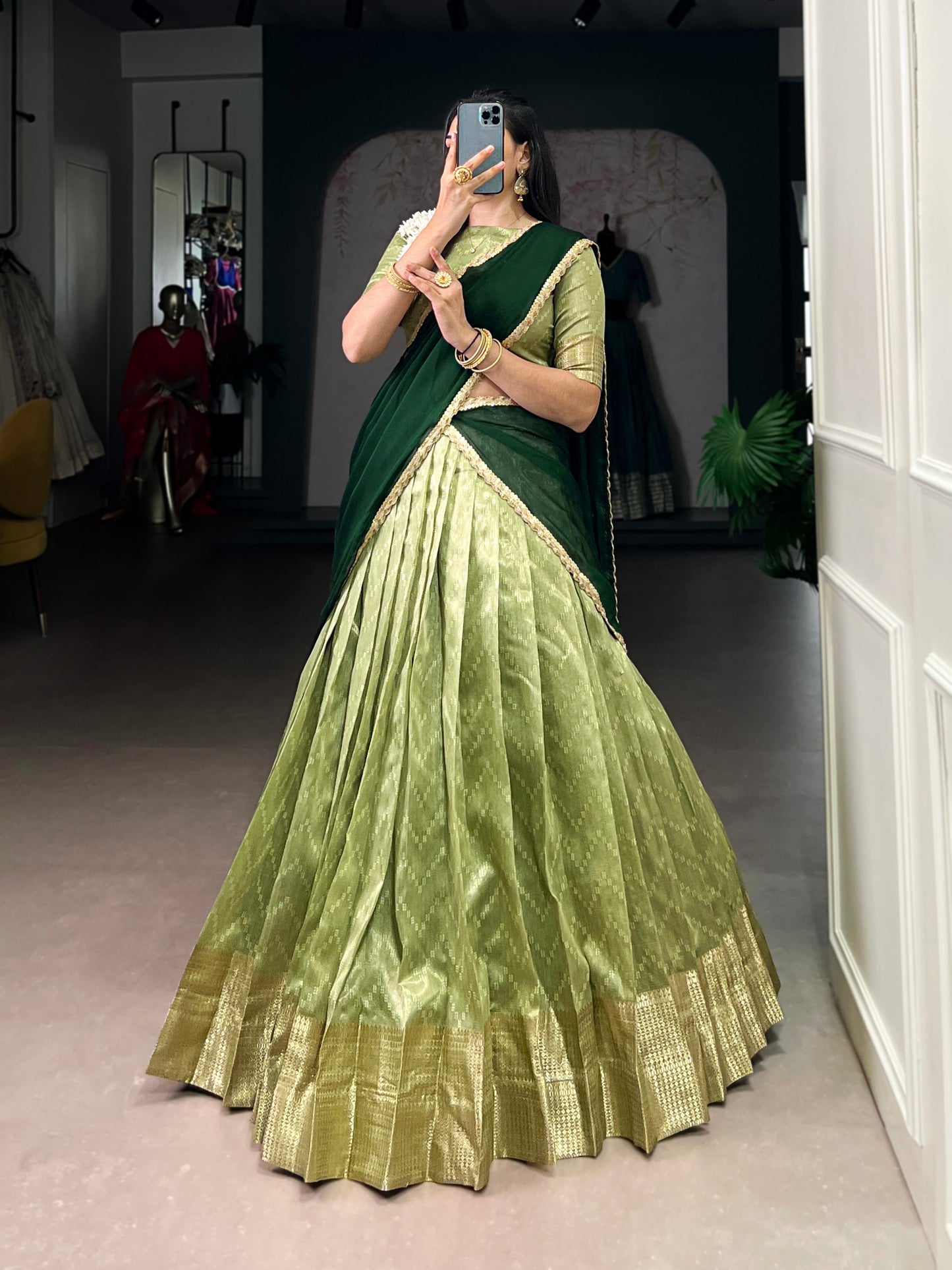 Green dupion silk zari weaving work lehenga, blouse and dupatta, drawstring with zip
