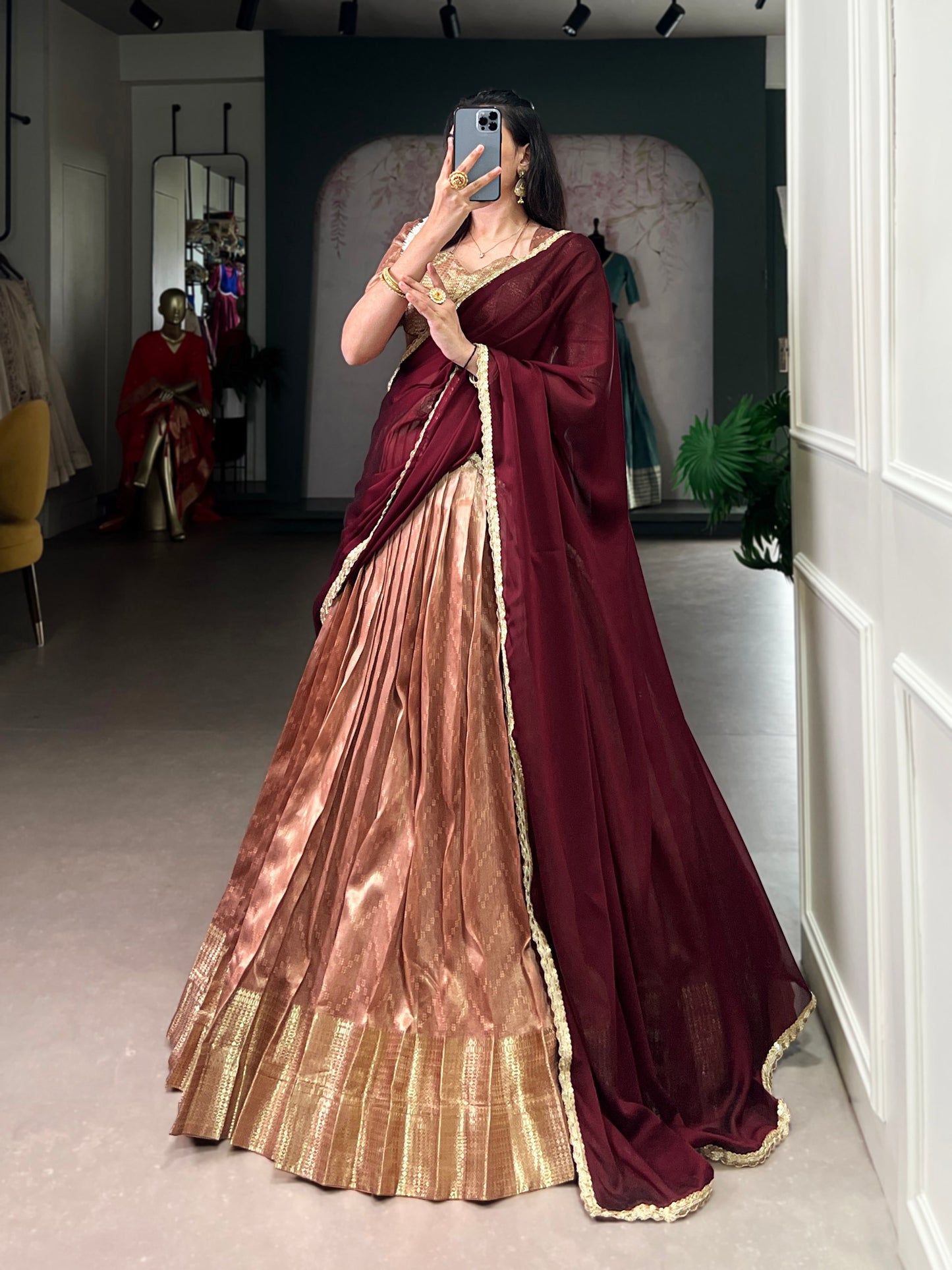 Peace dupion silk zari weaving work lehenga, blouse and dupatta, drawstring with zip