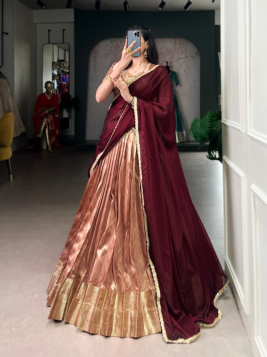 Peace dupion silk zari weaving work lehenga, blouse and dupatta, drawstring with zip