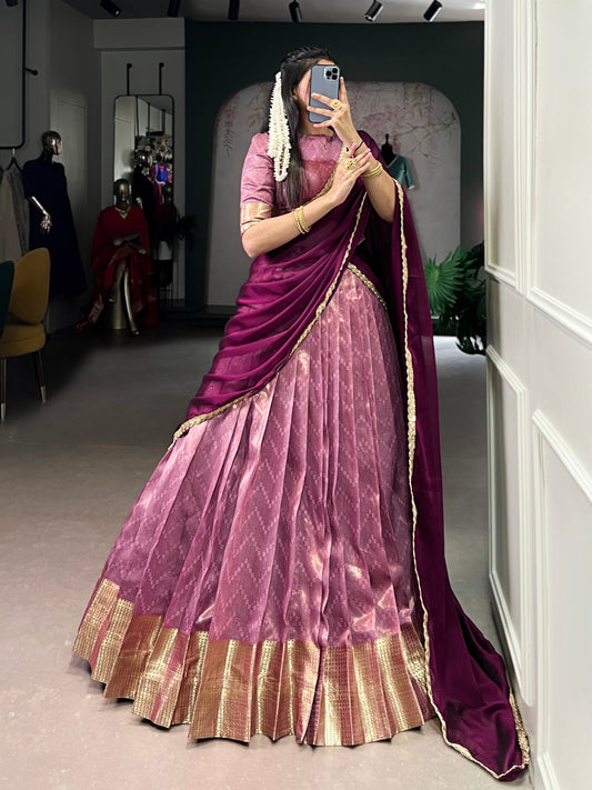 Pink dupion silk zari weaving work lehenga, blouse and dupatta, drawstring with zip