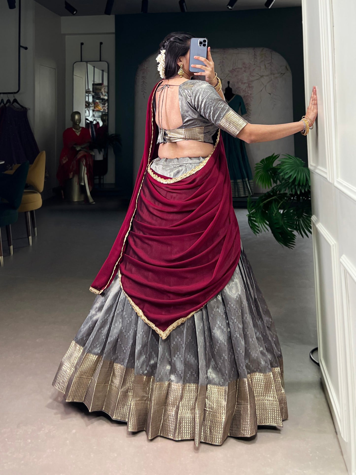 Grey dupion silk zari weaving work lehenga, blouse and dupatta, drawstring with zip