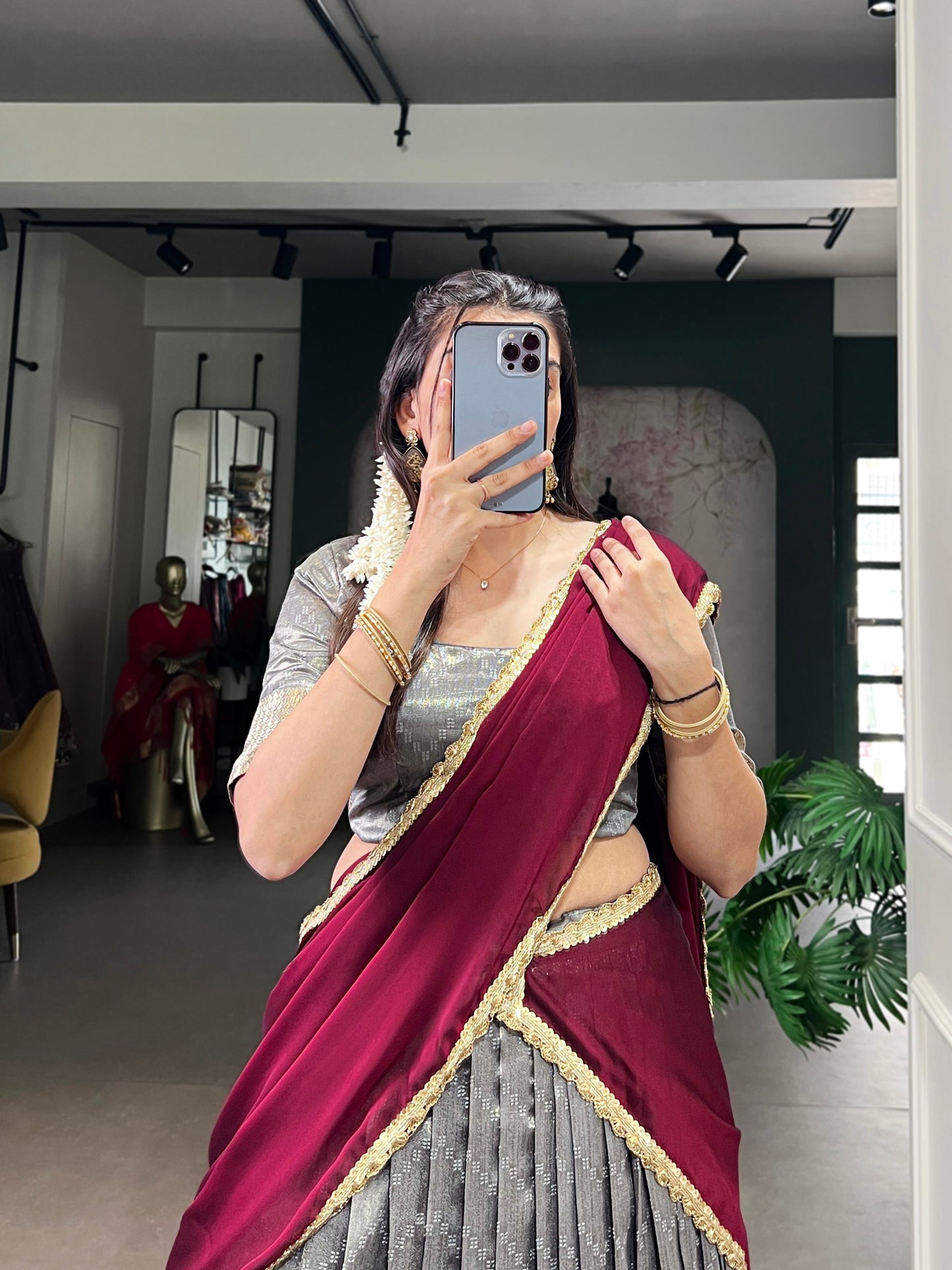 Grey dupion silk zari weaving work lehenga, blouse and dupatta, drawstring with zip