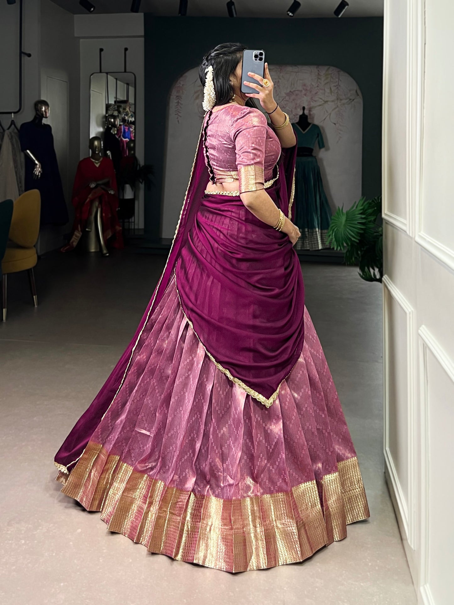 Pink dupion silk zari weaving work lehenga, blouse and dupatta, drawstring with zip